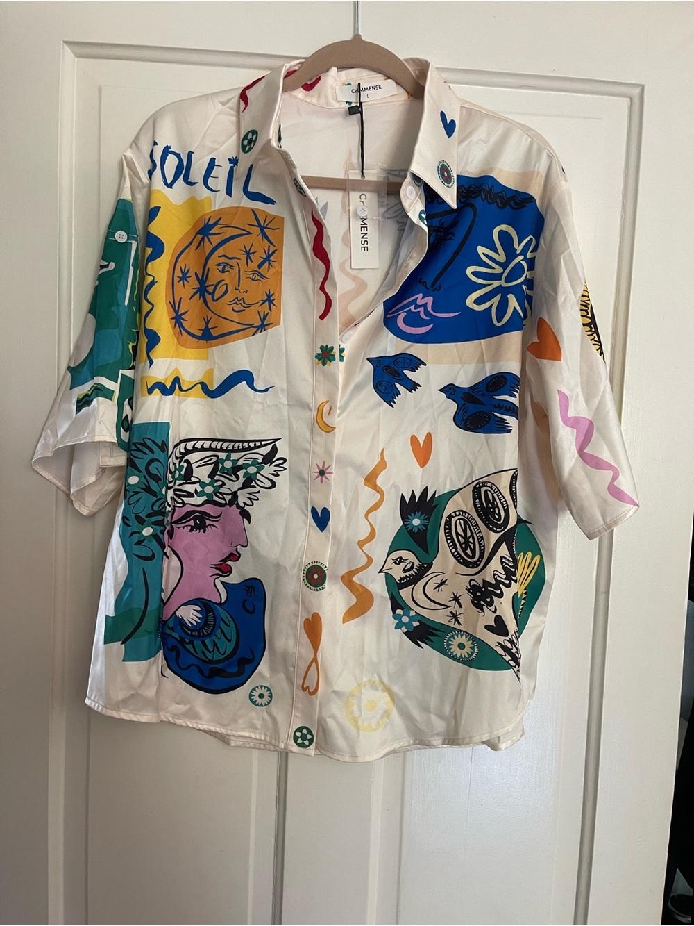 Commense White Button-Up Shirt with Multicolor Graphic Print